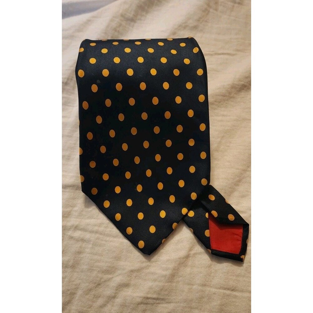 Lanvin Holt Renfrew Paris Mens 100% Silk Necktie Blue/Gold Polka Dots 4.5"X57"